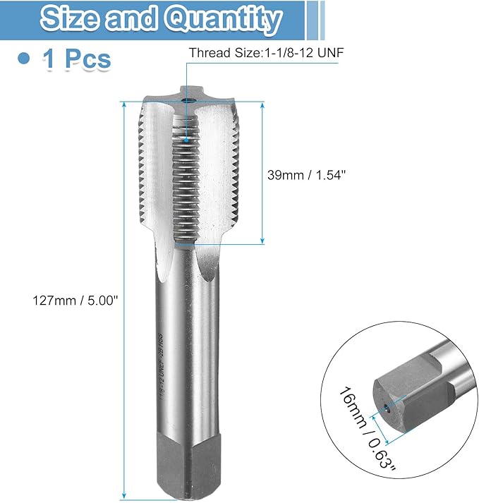 uxcell Hand Bottom Tap 1-1/8-12 UNF 2B Thread Bottoming Style Threading Taps High Speed Steel HSS6542 Straight Flutes Screw Tapping Tool