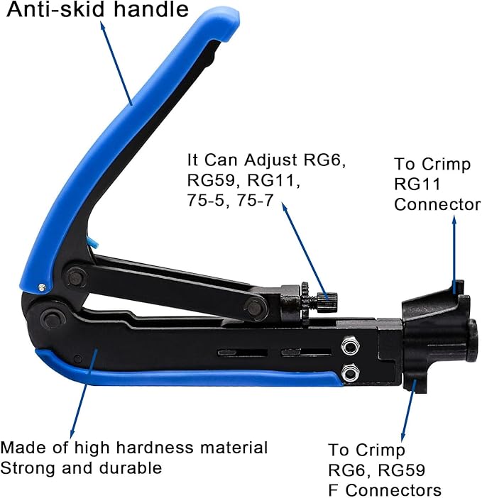 Taiss Coaxial Compression Tool Coax Cable Crimper Kit with 20 PCS F Style RG6 connectors,Adjustable RG6 RG59 RG11 75-5 75-7 Coaxial Cable Stripper,coaxial cable crimper Tool Kit