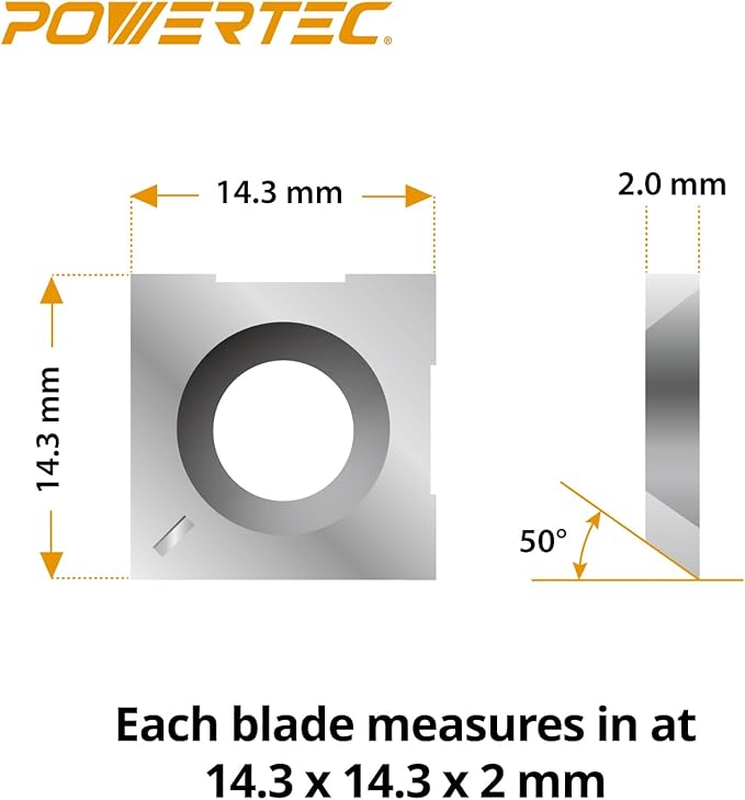 POWERTEC 14.3mm Carbide Inserts Cutter Knives for Spiral & Helical Cutterheads - Fits Wen PL1326, JT630H & Rikon 25-130H, Tungsten Carbide Replacement Blades for Planer and Jointer (14301)