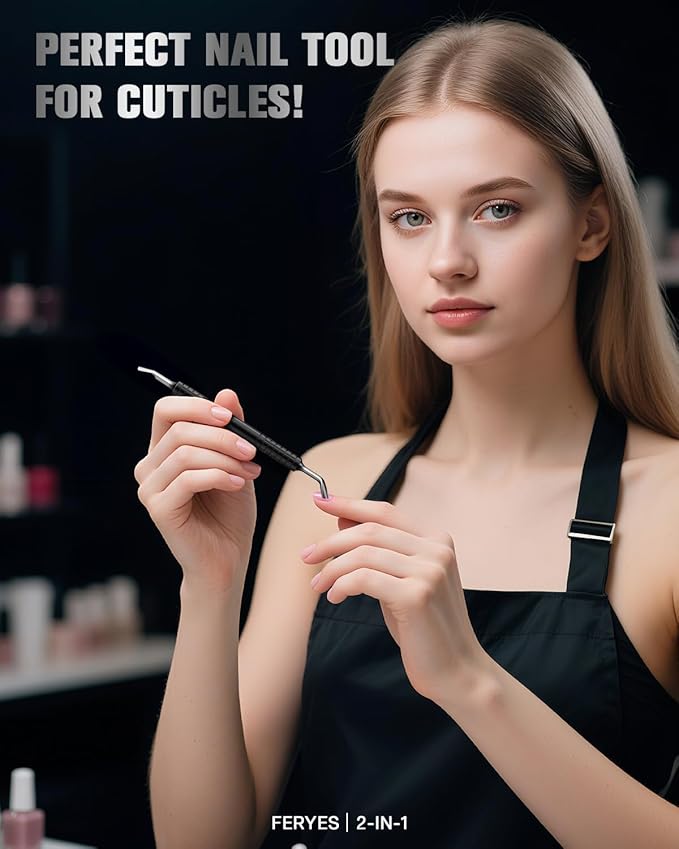 FERYES Upgraded Horseshoe Shape Cuticle Pusher with Fork, 2-in-1 Cuticle Remover Tool, Stainless Steel Cuticle Trimmer Nail Care Tool for Manicures- Black(5.6 Inches）