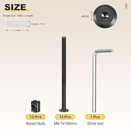 METALLIXITY Furniture Crib Screws Replacement Set with Wrench(M6-1x100mm) 24Pcs, Connector Bolt M6 Screw Barrel Nuts Binding Screws, for Chair Cabinet Bed, Black