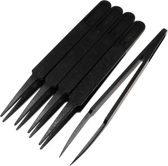 E-outstanding Anti-static Tweezer 5PCS 4.6Inch Black Plastic Pointed Tip Anti-static Tweezers Repairing Tools for Electronic Repairing