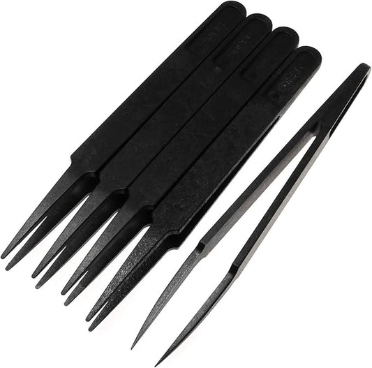 E-outstanding Anti-static Tweezer 5PCS 4.6Inch Black Plastic Pointed Tip Anti-static Tweezers Repairing Tools for Electronic Repairing