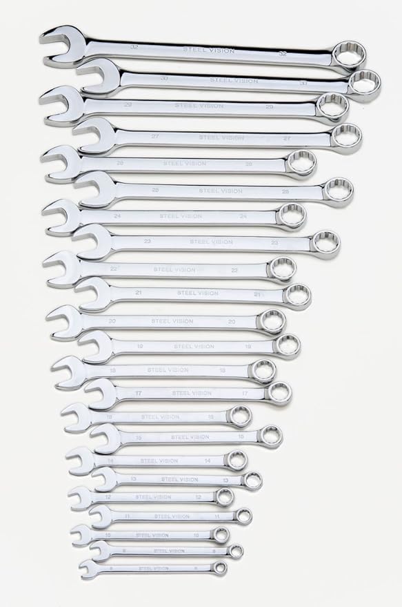 SteelVision 23pc (8mm~32MM) Top Tier Quality Combination Wrench Set, 12 Point. Long Pattern, Metric -Premium Heavy Duty CR-V Steel - Mirror Polishing Anti Rust Finish - Organizer Bag (23 pc)