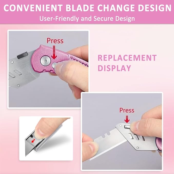 Box Cutter, Folding Utility Knife with Aluminum Handle, Heavy Duty Knife, Back-lock Mechanism, Stainless Belt Clip, for Carpet, Carton, Box, Cardboard, with 5-piece Extra Blades (Pink)