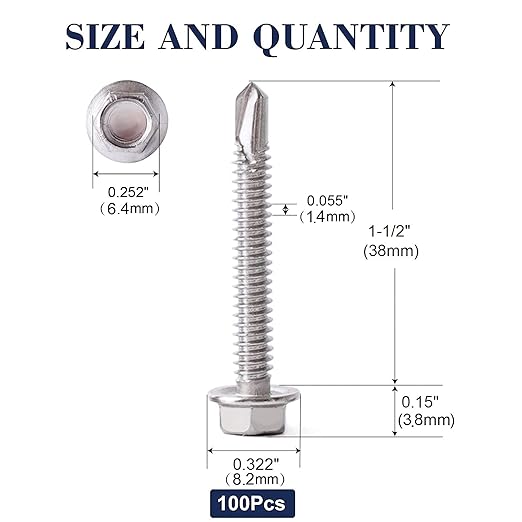#8 x 1-1/2" Sheet Metal Screws 100PCS 410 Stainless Steel Hex Washer Head Fast Self Tapping Screws by SG TZH