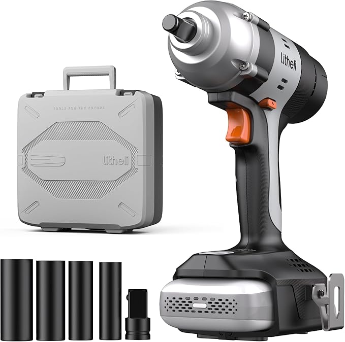 LiTHELi Cordless Impact Wrench Kit, 1/2 Inch Hog Ring Impact Gun with 4 Impact Sockets, 5 Torque Settings Impact Driver with Carry and Storage Box, Charger not Included