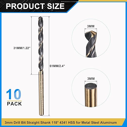 PATIKIL 3mm Drill Bit, Jobber Straight Shank 4341 High-Speed Steel 118째 Black and Gold Finish for Medium-Hard Metal Steel Acrylic - 10 Pack