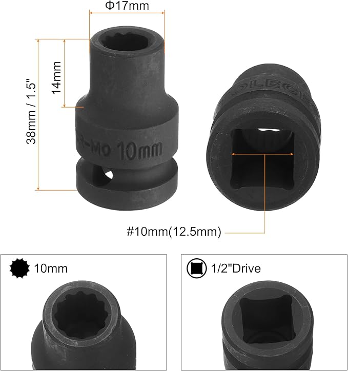 uxcell 1/2" Drive x 10mm Shallow Impact Socket 12-Point Metric CR-MO Steel Nut Impact Grade Socket for Auto Repair