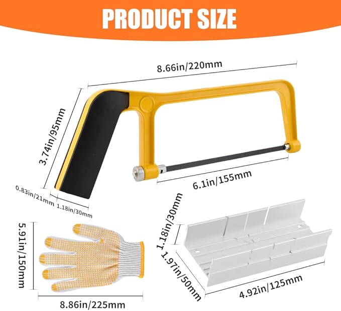 Mini Metal Mitre Box and Saw Set, 6 Inch Extra Fine Cut Hand Saw with 2 Hacksaw Replacement Blades & Gloves for Crafts, Hobby Projects, Cutting Wood, Soft Metal(COLOR:Yellow)