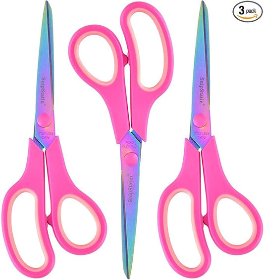 8.5" Office Scissors Heavy Duty, Titanium Coating Sharp Blades, Ergonomic Semi-Soft Rubber Grip, Scissors All Purpose for Sewing, School, Fabric, Art Craft Supplies, Pink, 3-Pack