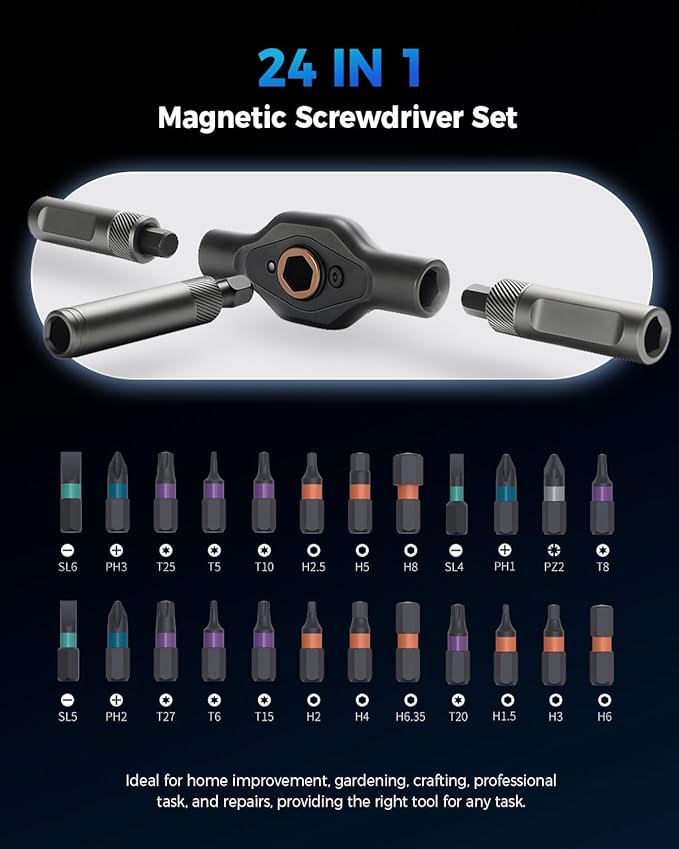 24-in-1 Magnetic Ratchet Screwdriver Set, 2025 Upgraded Multifunction Ratchet Screwdriver Tool with Removable T Handle, 24 in 1 Ratchet Allen Wrench Set for DIY Home Computer Bicycle Repair