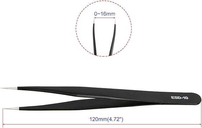 Aoje-Link ESD-10 Professional Anti-Static Precision Technology Tweezers, Non-magnetic Straight Pointed Tip, Stainless Steel Plastic Coated, Full Length 120mm, Black, 5pcs