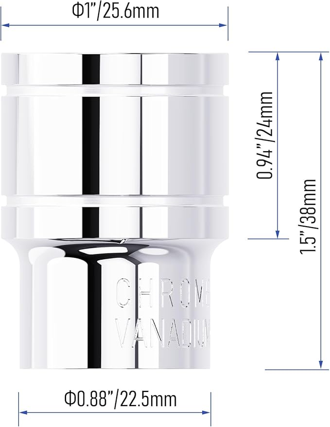 19mm(3/4-Inch) Shallow Socket, 1/2 Inch Drive, 6-Point, Metric, Heat Treated CR-V Steel Short Sockets, Full Polishing, 1.5 Inch Length