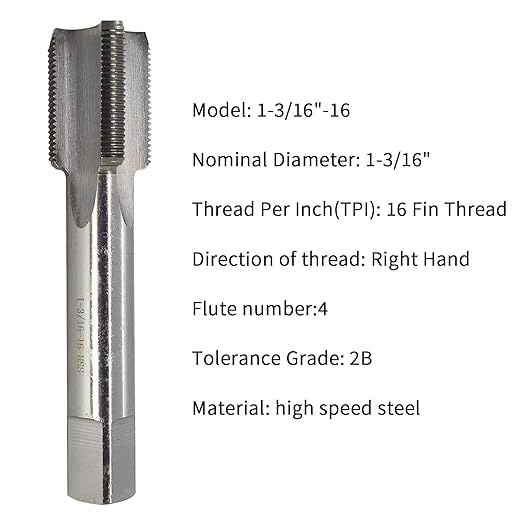 1 3/16"- 16 Straight Flute Thread Tap Machine Tap 1-3/16-16 TPI Nominal Diameter 1 3/16" Thread Per Inch 16 Fin Thread UNF Tolerance Grade 2B Tapping Right Hand Thread High Speed Steel HSS
