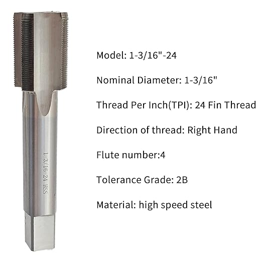 Lzcdelyxiao 1-3/16"-24 Tap, UNS, Right Hand Straight Flute Thread Tap, Machine Tap, 1 3/16"-24, Nominal Diameter 1-3/16", Thread Per Inch 24 Fin Thread, Tolerance Grade 2B, High Speed Steel HSS