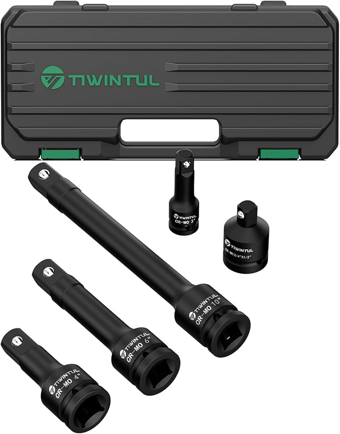 3/4" Drive Impact Extension Bar Set, 5 PCs 3" 4" 6" 10" Impact Socket Extension, 3/4" to 1/2" Adapter with CR-MO Steel, Storage Box for Car, Truck, Tractor Repair