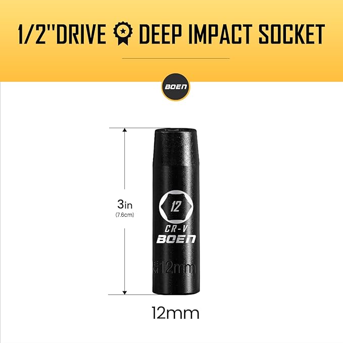 BOEN 1/2" Drive Deep Impact Socket,12mm Premium Socket,Metric,6 Point,Cr-V Steel with Laser Marking - Strong and Durable