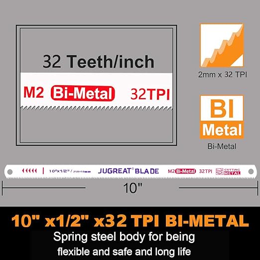 JUGREAT 10" Hacksaw Blades Replacement Bi-Metal, High Speed Steel - 32TPI (10 Pack)