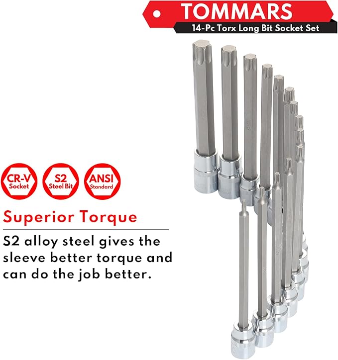 TOMMARS 14-PC Long Torx Bit Socket Set, S2 Alloy Steel Star Socket Set T10-T70
