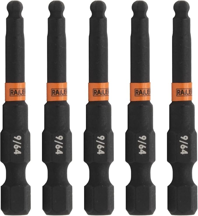 Ball-End Hex 9/64" Impact Driver Bit - Railer Allen Wrench Drill Hex Bits. 1/4 Quick Release S2 Steel 2 inch 9/64" Ball-End Hex Bits. (5 Pack)