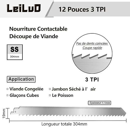 LEILUO 12-Inch Frozen Meat Bone Cutting Reciprocating Saw Blades 5 Piece Stainless Steel Sawzall Blades with Storage Box