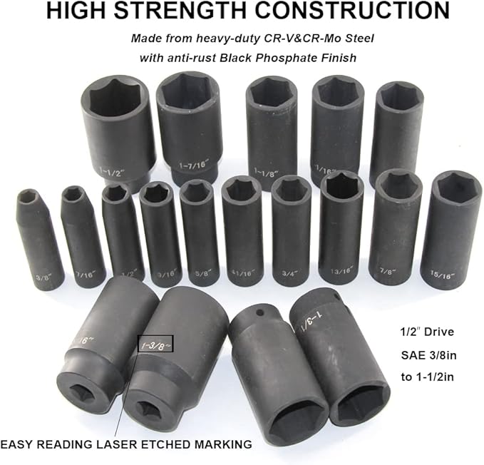 MacWork 19 Piece 1/2-Inch Drive Impact Socket Set, Deep, SAE, 3/8" to 1-1/2", CR-V&Cr-Mo Alloy Steel, 6-point Hex Radius Corner Design