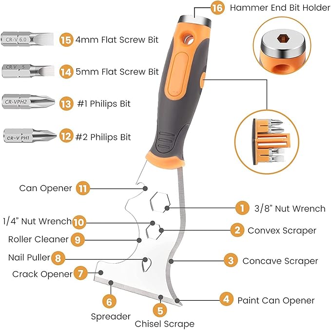 Putty Knife Set Paint Scraper 16-in-1 Multifunctional Tool Kit Soft Grip Handle for Scraping Taping Hammer Nut Wrench Screw Bits