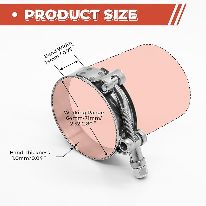 12 Pack 2.25 inch T-Bolt Hose Clamps, Stainless Steel_304 Working Range 64mm-71mm for 2.25" Hose ID, Turbo Intake Intercooler Clamp for Automotive