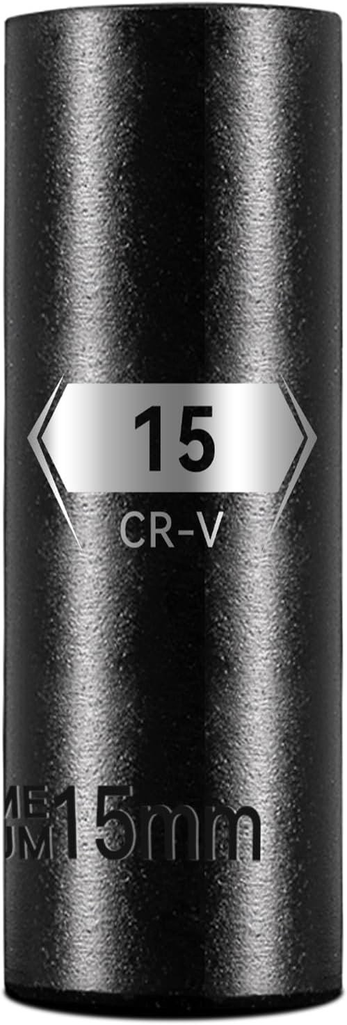 BLACKROBOT 1/2 Inch Drive 6-Point Deep Socket, 15mm Deep Impact Socket, CR-V Steel