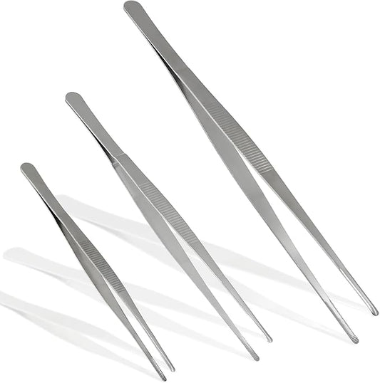 3Pcs Stainless Steel Tweezer Set (8" 10" 12"), Long Tweezers with Precision Serrated Straight Tips, Non-slip Multitool Tweezer for Cooking, Repairing, Medical, Garden
