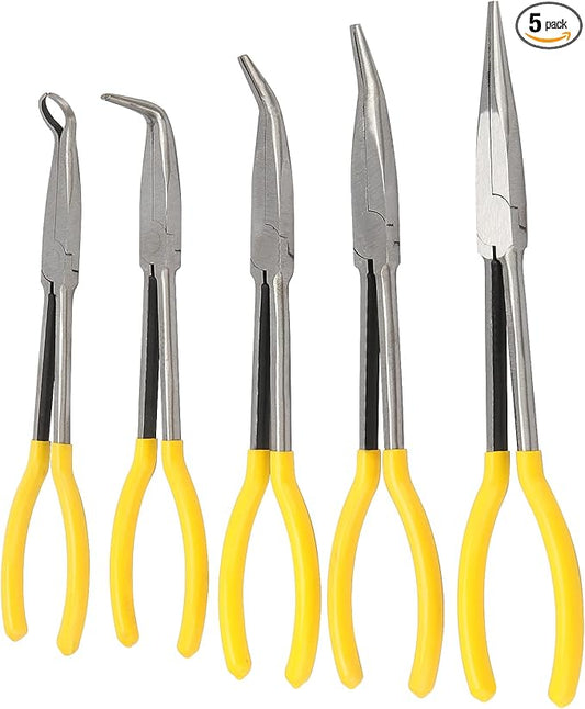 MOUYAT 5 PCS 11 Inch Long Nose Pliers Set, Long Reach Needle Nose Pliers Set Including Straight, 25 Degrees, 45 Degrees, 90 Degrees and Circle Pliers for Mechanics Technicians Contractors Work Repair