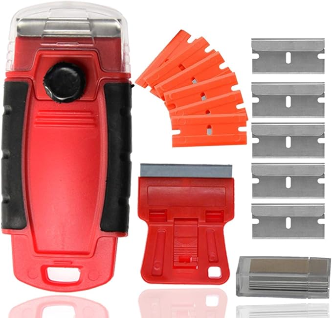 Plastic Razor Blade Scraper Hand Held Window Vinyl Tint Scraper with Protective Cover Mini Razor Blade Red Scraper, Metal Razor Blades Plastic Scraper Blades Removal Scraping Tool Kit