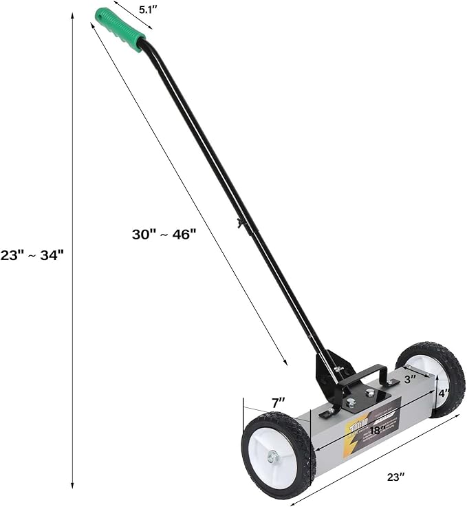 TUFFIOM 18'' Rolling Magnetic Pick-Up Sweeper |45-LBS Capacity, with Quick Release Latch & Adjustable Long Handle, for Nails Needles Screws Collection