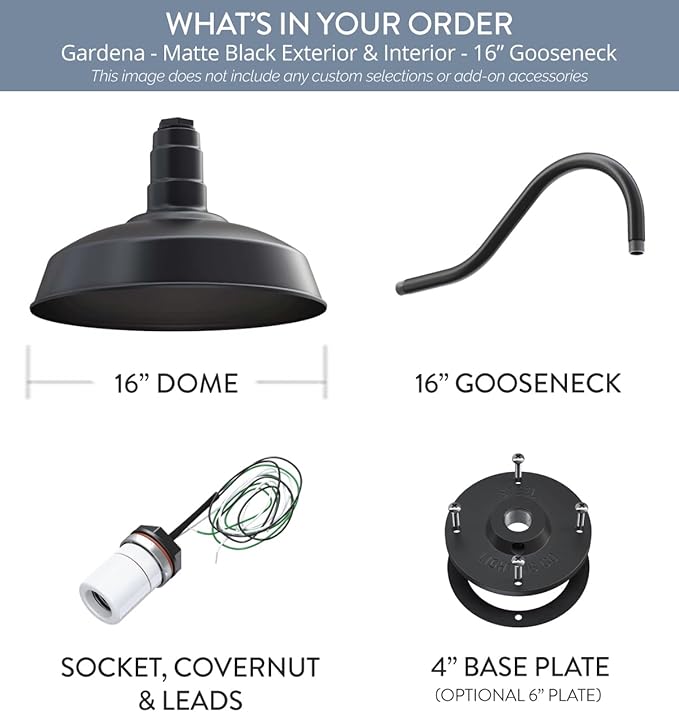 Steel Lighting Co. | Dusk to Dawn | Gardena Barn Light | Outdoor Wall Mounted | 16" Dome | 16" Gooseneck | Farmhouse Light Made in America | Matte Black Exterior/Matte Black Exterior