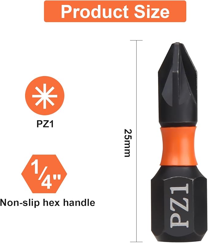 Pro PZ1 Bit Assortment - Screwdriver Bits Set 20Pcs, 25mm Length, Pozi Screwdriver Bit, 1/4 Inch Hex Shank, with Storage Box