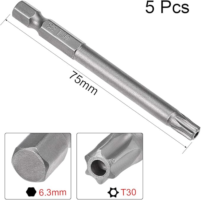 uxcell 5 Pcs T30 Magnetic Torx Screwdriver Bits, 1/4 Inch Hex Shank 3-inch Length S2 Security Tamper Proof Screw Driver Kit Tools