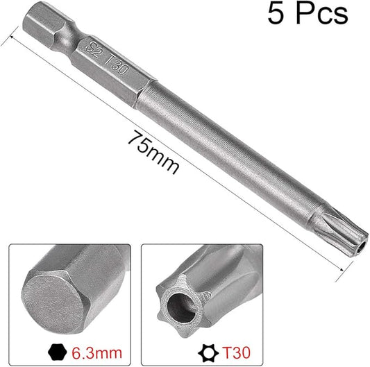 uxcell 5 Pcs T30 Magnetic Torx Screwdriver Bits, 1/4 Inch Hex Shank 3-inch Length S2 Security Tamper Proof Screw Driver Kit Tools