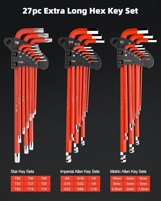 ROTATION 27PC Extra Long Hex Key Set - Metric & SAE Ball End Allen Wrenches, L-Shaped S2 Alloy Steel for Automotive Industrial Motorcycle, Pro-Grade Tool Kit