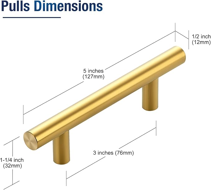 JOY DECOR 25 Pack 5 Inch Cabinet Pulls Kitchen Cabinet Handles with 3 Inch Hole Center Brushed Brass Cabinet Hardware Stainless Steel Kitchen Drawer Pulls for Cabinets Cupboard, 76mm Hole Centers