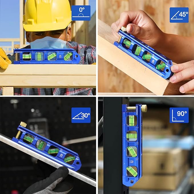 WORKPRO Magnetic Torpedo Level, Conduit Bending Level, Bubble Vials for 0째/90째/30째/45째 Measurements, Aluminum Alloy Construction, 6.3-inch, Cobalt Blue