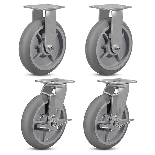 8inch Caster Wheels, Thermoplastic Rubber Wheels(Crown Tread) with Steel Plate, Heavy Duty Casters Set of 4-2800Lbs Capacity (2 Brake & 2 Rigid)