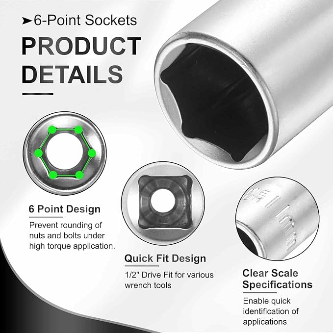HARFINGTON 6 Points Deep Socket 1/2" Drive 11mm Deep Metric CR-V Steel Polished Nickel Plating Flip Sleeve 120mm / 4.7" Extra Long Socket Tool for Home Auto Nuts Bolts Repair