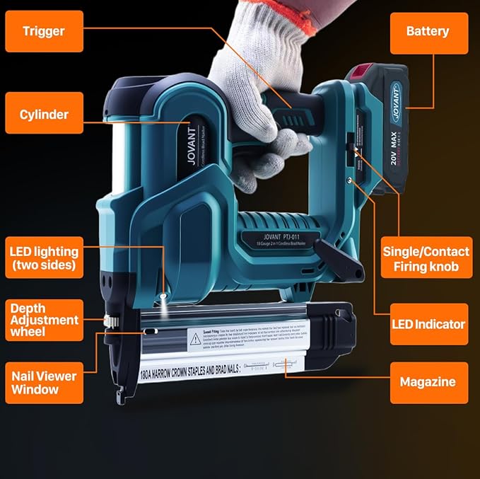 Brad Nailer Electric, 18 Gauge Brad Nail Gun, 2-in-1 Brad Nailer with 800pcs Nails&Staples, Nail Gun with 2횞2.0Ah Batteries, for Woodworking, Home Improvement JOVANT