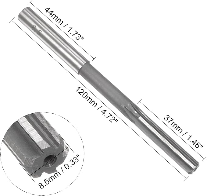 uxcell Chucking Reamer 8.5mm, H7 HSS Lathe Machine Reamer 6 Straight Flutes, Round Shank Milling Cutting Tool, Metric Reaming Drill Bit for Stainless Steel Metal Hole
