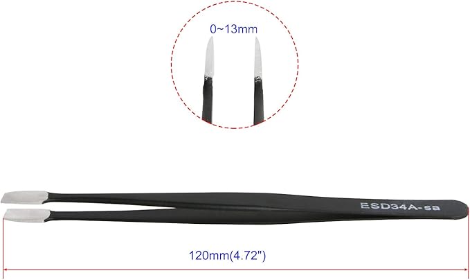 Aoje-Link ESD-34a Professional Anti-Static Precision Technology Tweezers, Non-magnetic Flat Straight, Stainless Steel Plastic Coated, Full Length 120mm, Black, 2pcs