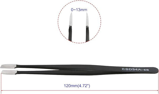 Aoje-Link ESD-34a Professional Anti-Static Precision Technology Tweezers, Non-magnetic Flat Straight, Stainless Steel Plastic Coated, Full Length 120mm, Black, 2pcs