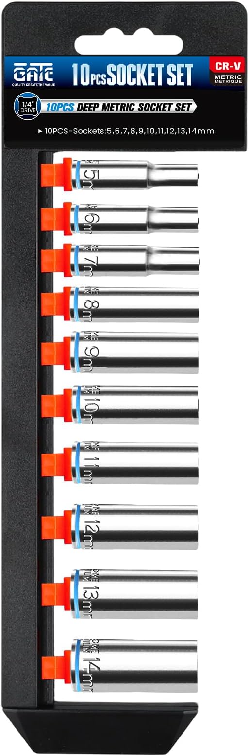 10PCS 1/4??Drive Deep Socket Set, Metric (5mm-14mm), 6-Point, Cr-V Steel, Chrome Plated Socket With Hanging Bracket, Cover Most Commonly Sizes
