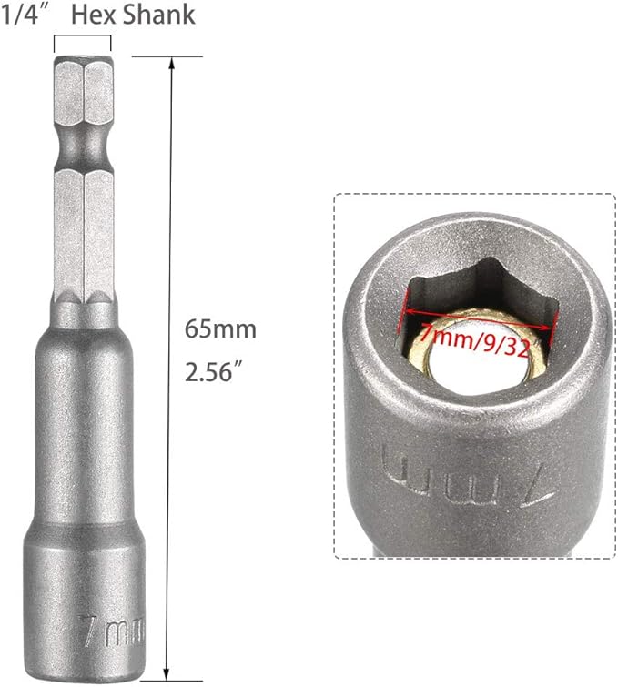 10pcs 1/4" Hex Shank Impact Nut Driver Socket Set 7mm/9/32" Drill Nut Driver Bit, 2.5" Length
