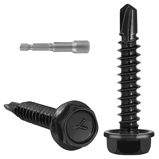 100Pcs #10 x 1-1/4" Self Drilling Screws for Metal,410 Stainless Steel Black Zinc Plated,Self Tapping Sheet Metal Screws,Hex Washer Head